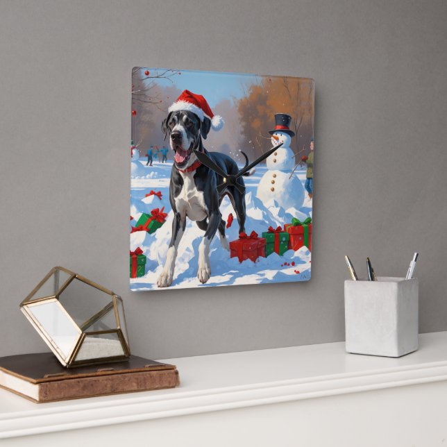 Great Dane Running in Snow with Christmas Hat Square Wall Clock (Office)