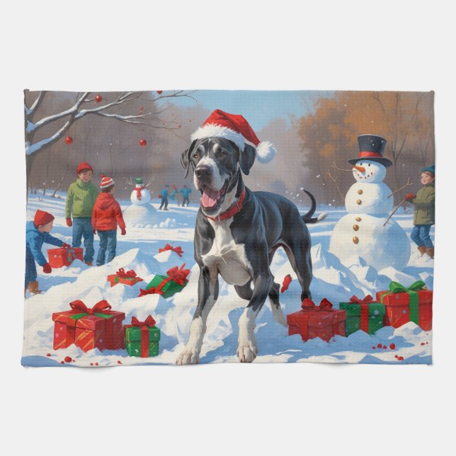 Great Dane Running in Snow with Christmas Hat Tea Towel (Horizontal)