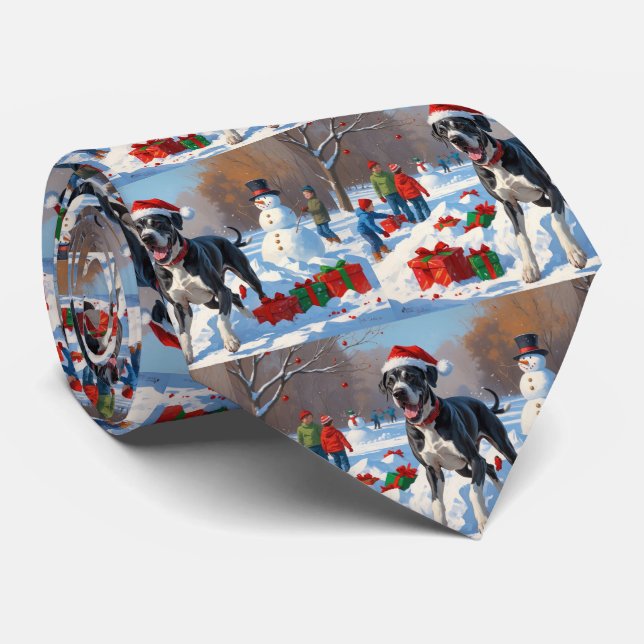 Great Dane Running in Snow with Christmas Hat Tie (Rolled)