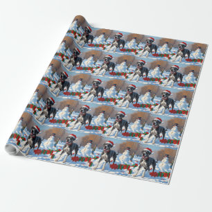 Great Dane Running in Snow with Christmas Hat Wrapping Paper