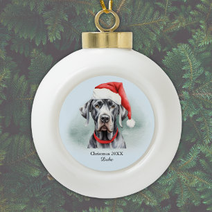 Great Dane Santa Hat Christmas 20XX Monogram Name Ceramic Ball Christmas Ornament