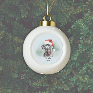 Great Dane Santa Hat Monogram Name Year Christmas Ceramic Ball Christmas Ornament