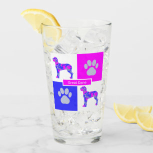 Great Dane Silhouette Dog & Paw Pink Blue Square Glass