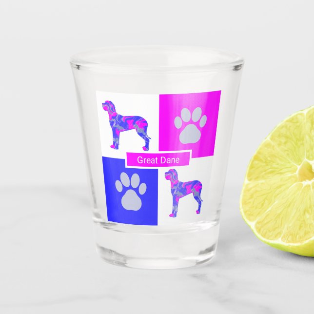 Great Dane Silhouette Dog & Paw Pink Blue Square Shot Glass (Front)
