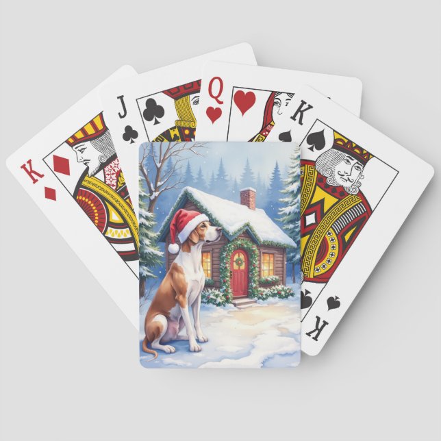 Great Dane Snowy Cabin Santa Hat Christmas Art Playing Cards (Back)