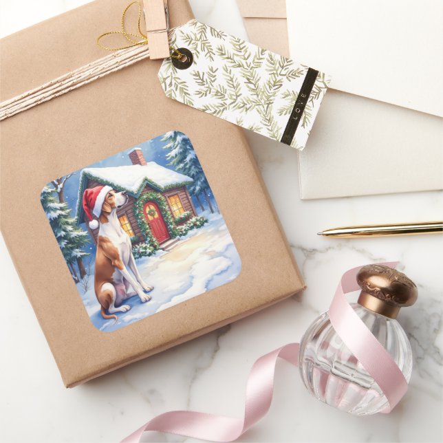 Great Dane Snowy Cabin Santa Hat Christmas Art Square Sticker (Gifting)