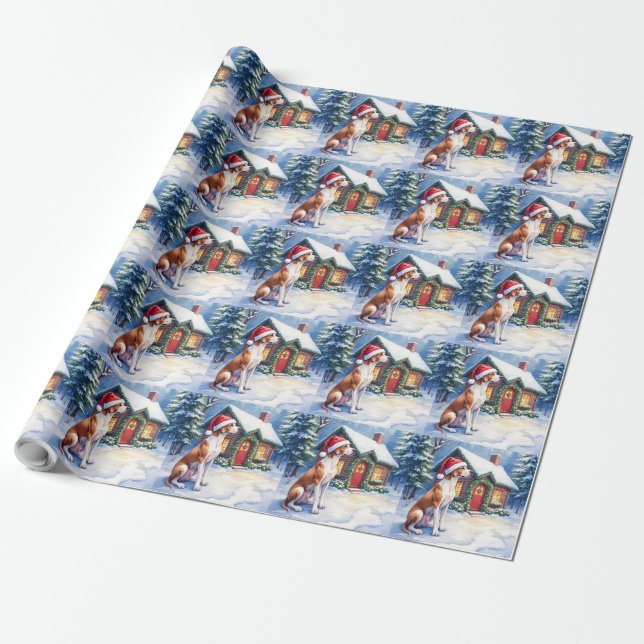 Great Dane Snowy Cabin Santa Hat Christmas Art Wrapping Paper (Unrolled)