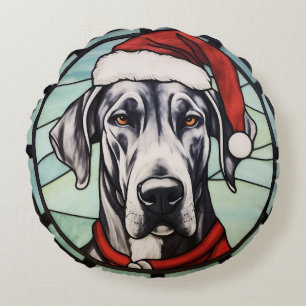 Great Dane Stained Glass Christmas Round Cushion