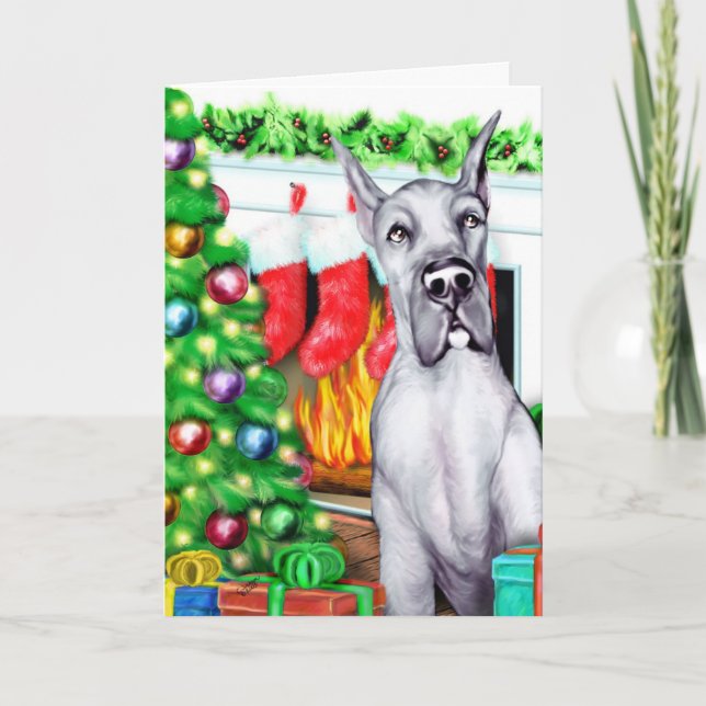 Great Dane Stockings Blue Holiday Card (Front)