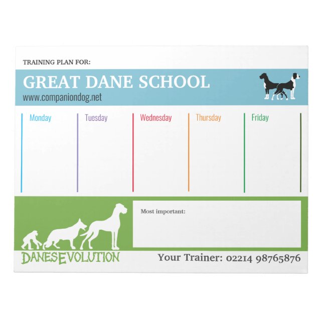 Great Dane training plan Notepad (Front)