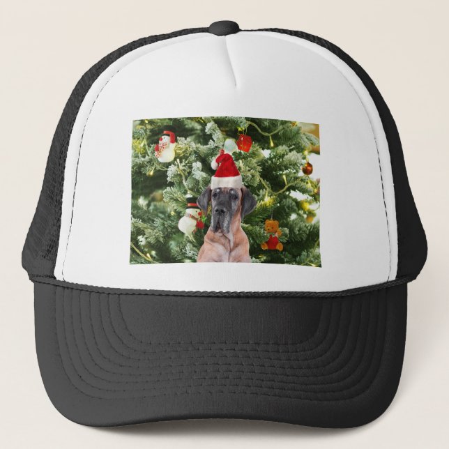 Great Dane w Christmas Tree Gift Boxes Santa Hat (Front)