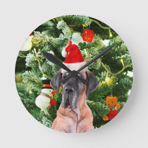 Great Dane w Christmas Tree Gift Boxes Santa Hat Round Clock