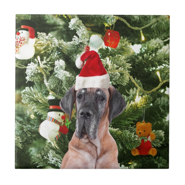 Great Dane w Christmas Tree Gift Boxes Santa Hat Tile (Front)
