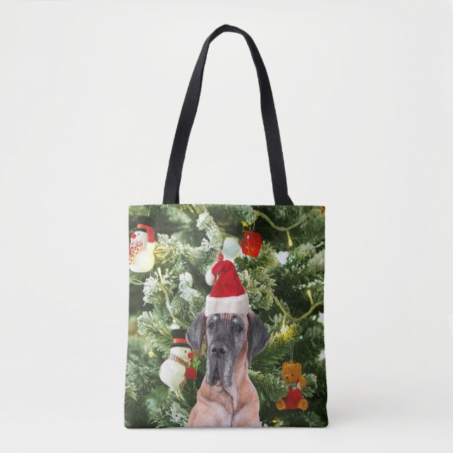 Great Dane w Christmas Tree Gift Boxes Santa Hat Tote Bag (Front)