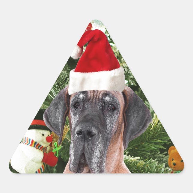 Great Dane w Christmas Tree Gift Boxes Santa Hat Triangle Sticker (Front)