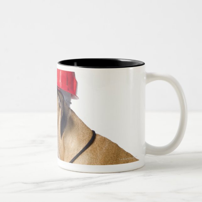 Great Dane wearing a red construction helmet Two-Tone Coffee Mug (Right)