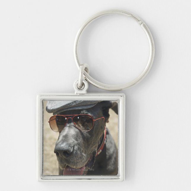Great Dane wearing hat and sunglasses Key Ring (Front)
