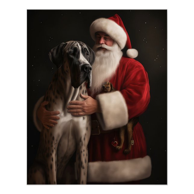 Great Dane With Santa Claus Festive Christmas  Poster (Front)