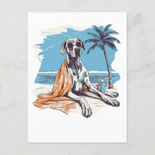 Great dane with sunglasses at the beach postcard