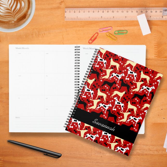 Great Danes Fawn Harlequin Dane Dog Planner (Great Danes Pattern Planner in red)
