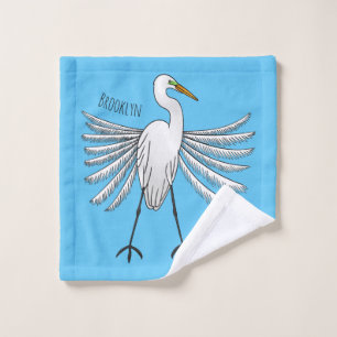 Great egret bird cartoon illustration bath towel set