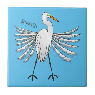Great egret bird cartoon illustration ceramic tile