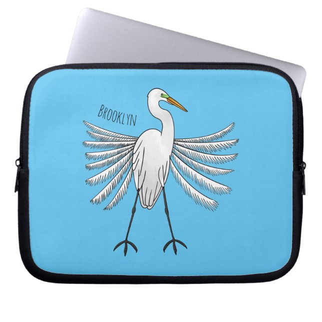 Great egret bird cartoon illustration  laptop sleeve (Front)