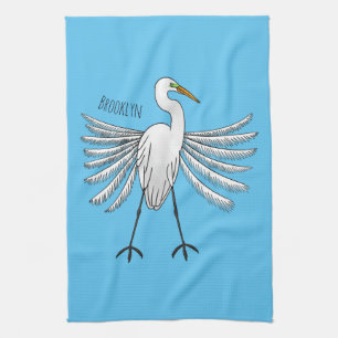 Great egret bird cartoon illustration tea towel