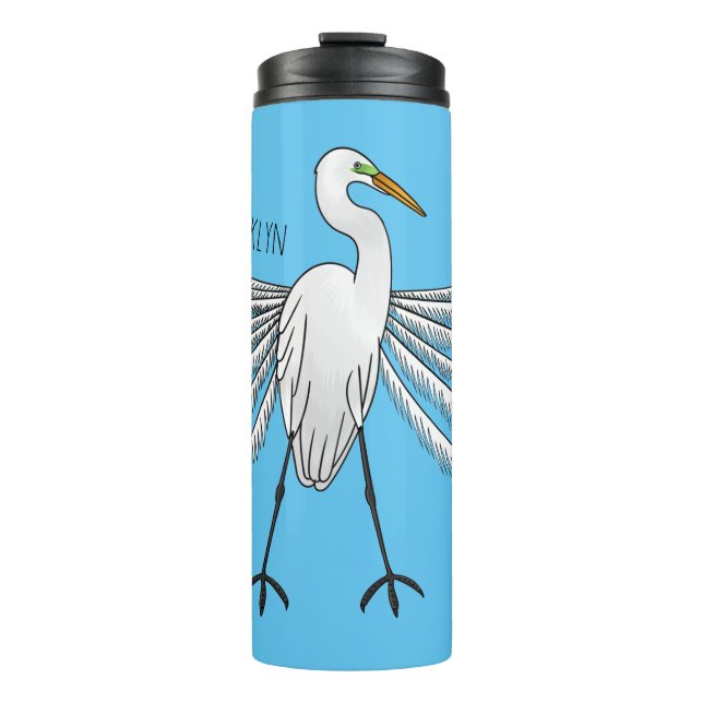 Great egret bird cartoon illustration  thermal tumbler (Front)