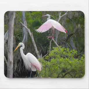 Great Egret Dominance Over Roseate Spoonbill. Mouse Pad