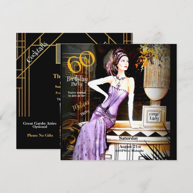 Great Gatsby Art Deco 60th Birthday Party  Invitation (Front/Back)