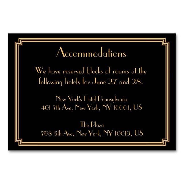 Great Gatsby Art Deco Black Wedding Accommodation Table Number (Front)