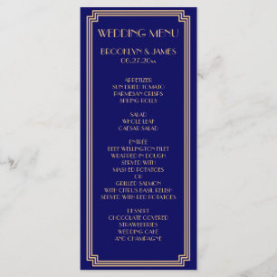 Great Gatsby Art Deco Blue Gold Wedding Menu Card
