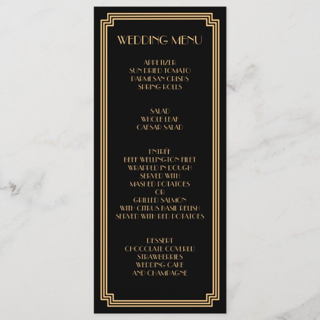 Great Gatsby Art Deco Gold Black Wedding Menu (Front)