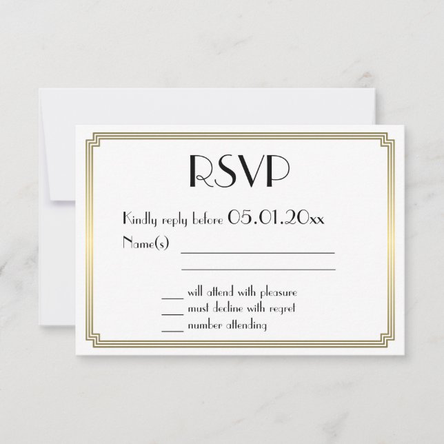 Great Gatsby Art Deco Gold Wedding RSVP Cards (Front)