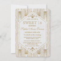 Great Gatsby Art Deco Gold White Sweet 16 Invite