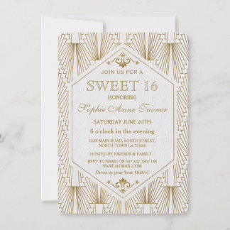 Great Gatsby Art Deco Gold White Sweet 16 Invite