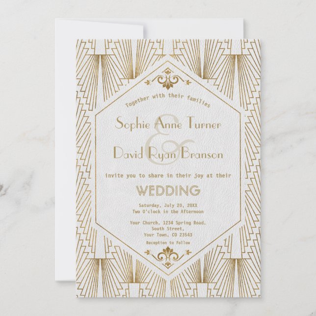 Great Gatsby Art Deco Gold White Wedding Invite (Front)