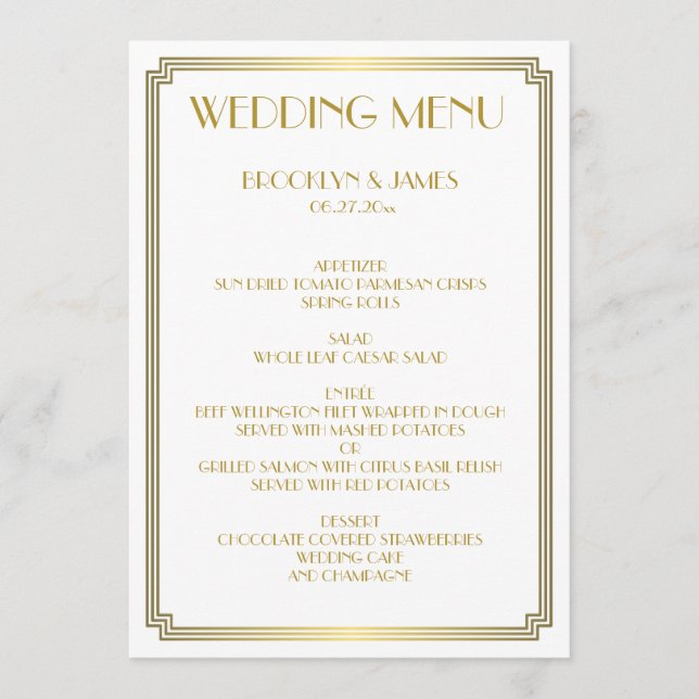 Great Gatsby Art Deco Gold White Wedding Menu (Front)