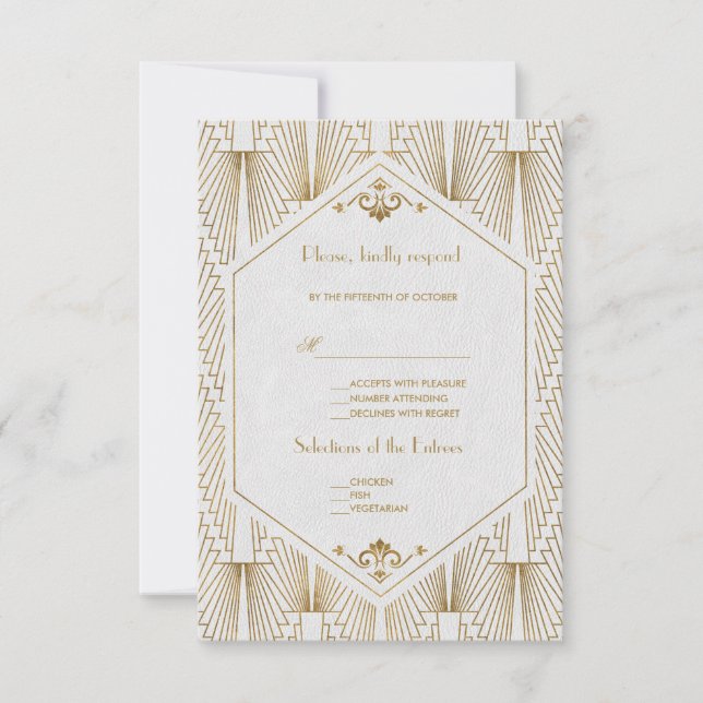 Great Gatsby Art Deco Gold White Wedding RSVP (Front)