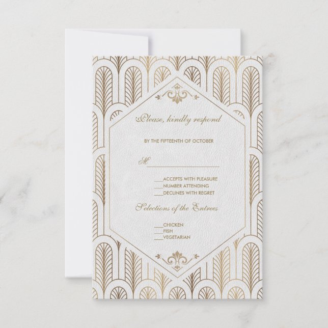 Great Gatsby Art Deco Gold White Wedding RSVP (Front)