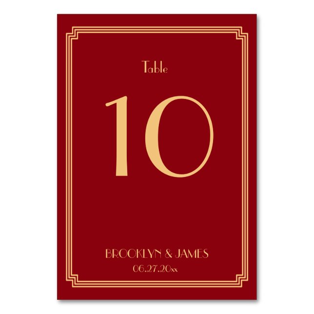 Great Gatsby Art Deco Red Wedding Table Numbers (Front)