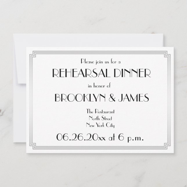 Great Gatsby Art Deco Silver Rehearsal Invitations (Front)