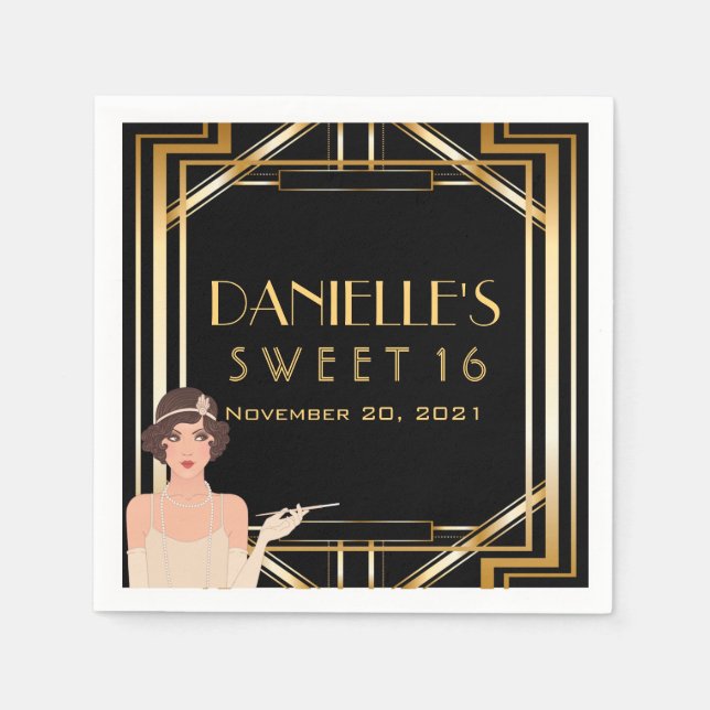Great Gatsby Art Deco Sweet 16 Personalised Napkin (Front)