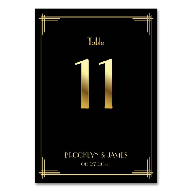 Great Gatsby Art Deco Table Number 11 Gold Black (Front)