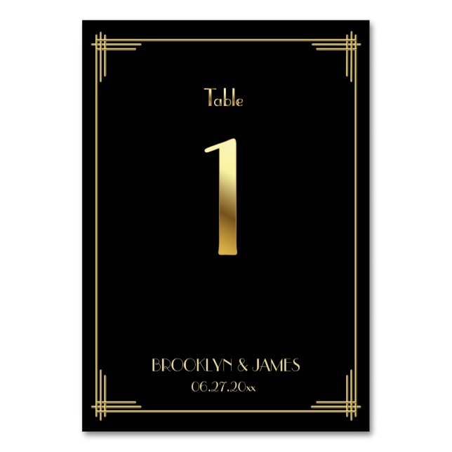 Great Gatsby Art Deco Table Number 1 Gold Black (Front)