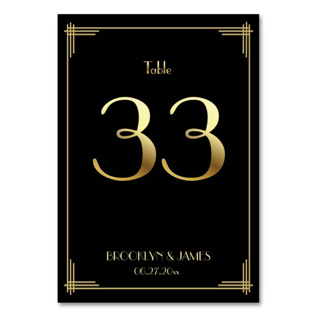 Great Gatsby Art Deco Table Number 33 Gold Black (Front)