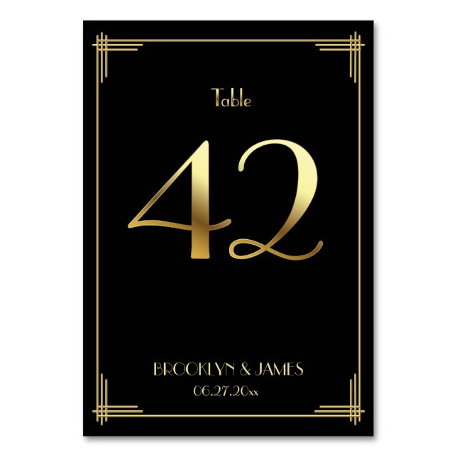 Great Gatsby Art Deco Table Number 42 Gold Black (Front)