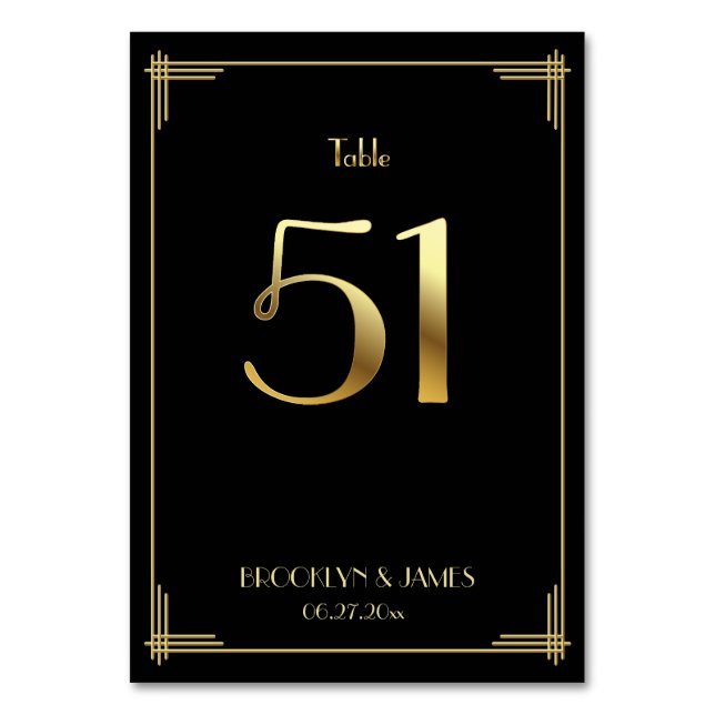 Great Gatsby Art Deco Table Number 51 Gold Black (Front)