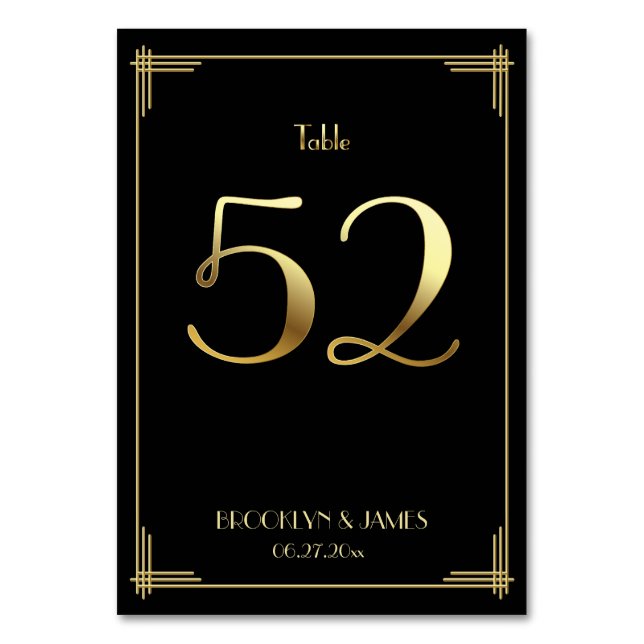 Great Gatsby Art Deco Table Number 52 Gold Black (Front)